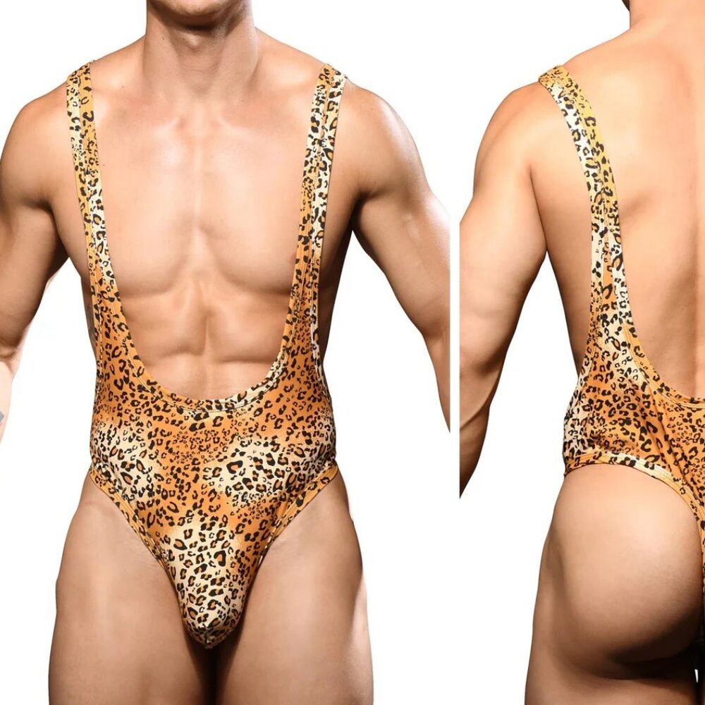 Andrew Christian Leopard Print Men’s Swim Singlet in Orange and Black